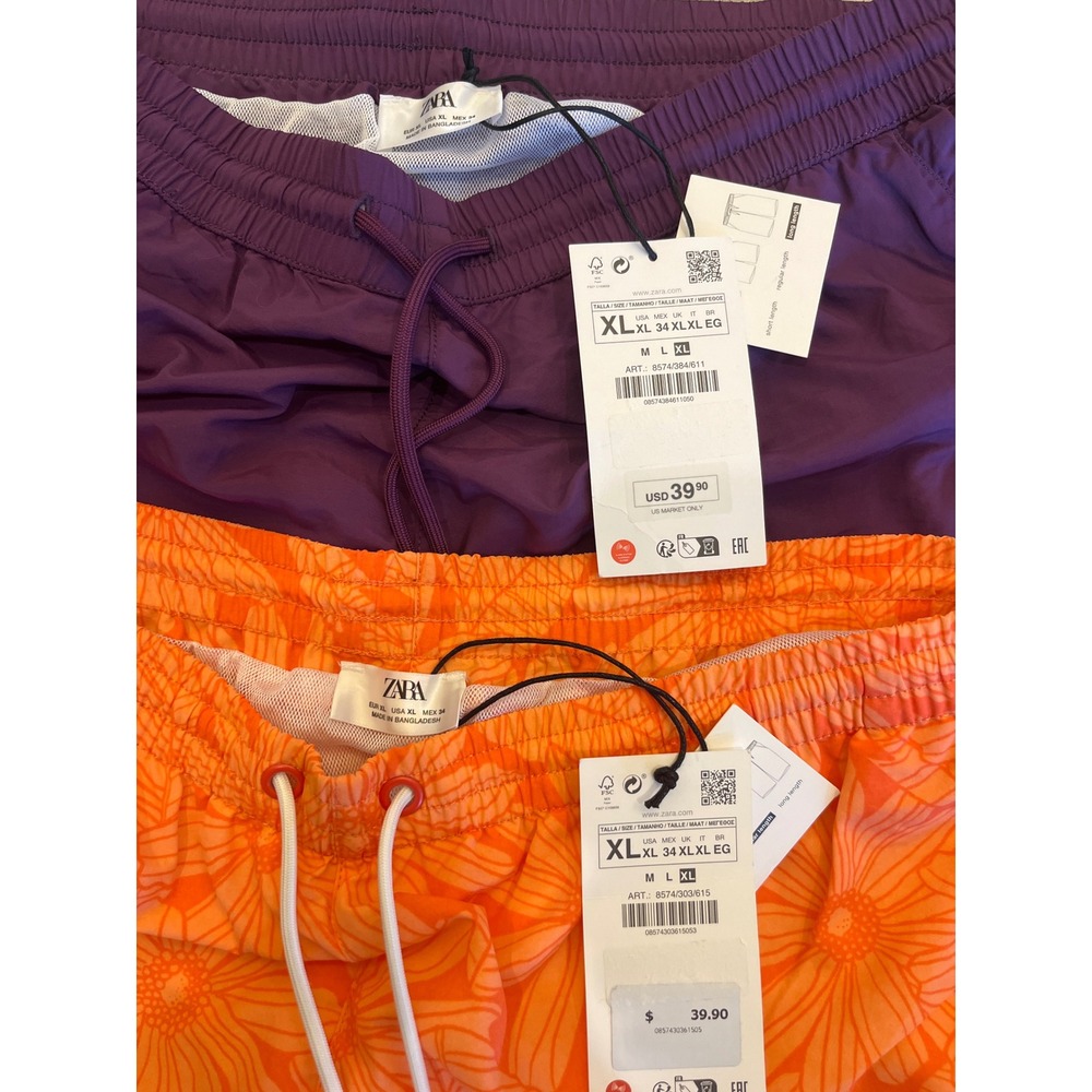 Zara Mens Swim Trunks Bundle XL Purple Solid Orange Floral Print 2 Pack New‎